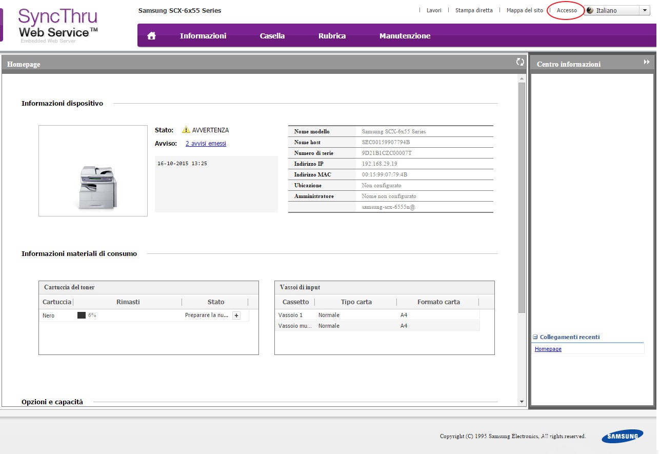 Samsung SCX 6555N Series - Password Amministratore e Configurazione via HTTP