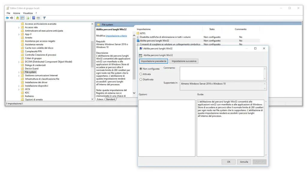 Enable NTFS or Win32 long paths policy to remove the 255-260 characters limit in Windows 10