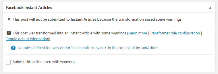 How to fix the "No rules defined for... in the context of InstantArticle" errors in Facebook Instant Articles Wordpress Plugin