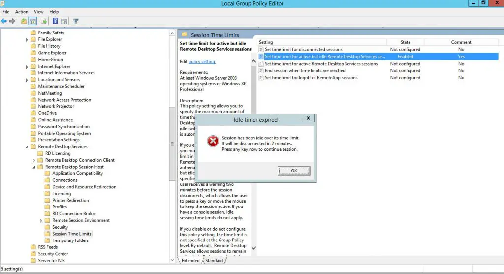 Remote Desktop Session Time Limit - How to set idle Timeout in Windows Server 2012