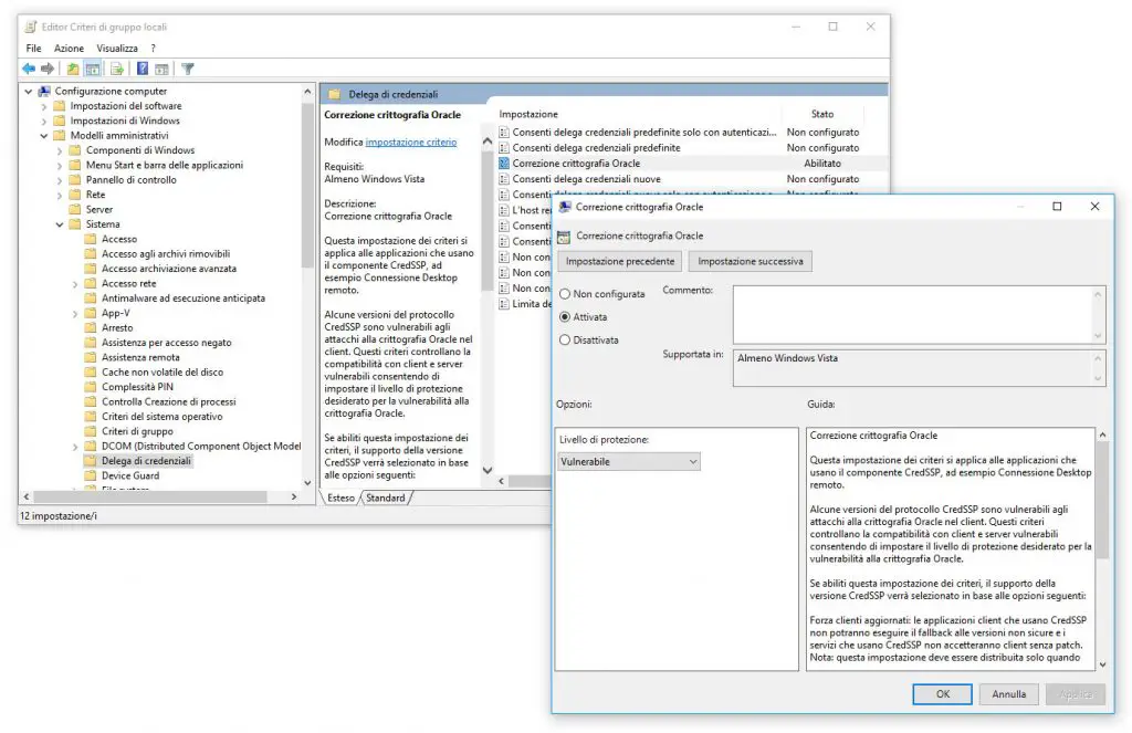 Errore Crittografia Oracle CredSSP su Connessione Desktop Remoto - Come Risolvere