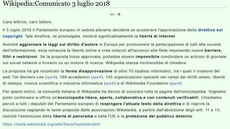 Link-Tax, ovvero Riforma Europea sul Copyright: la protesta di Wikipedia e i miti da sfatare