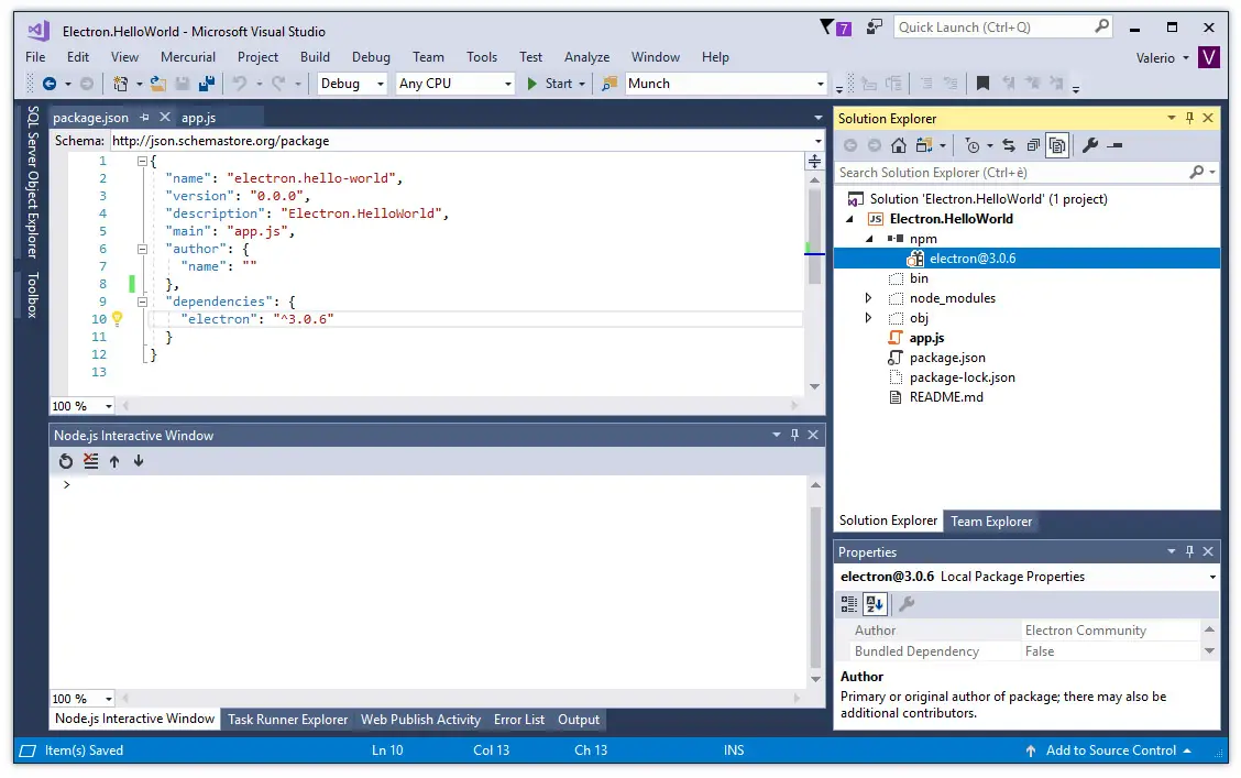 Visual Studio 17 Electron Project Setup And Hello World Sample
