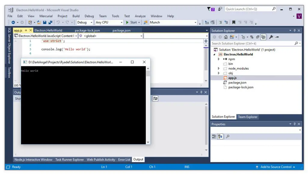 Visual Studio 2017 - How to setup a new Electron project and run a Hello World sample