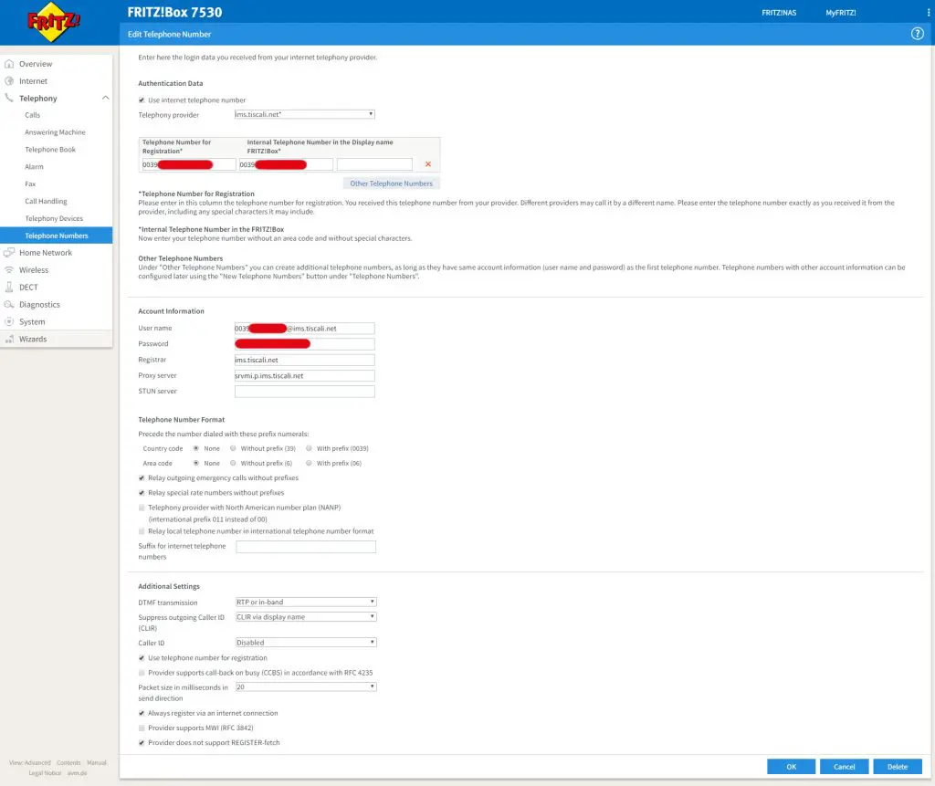 Modem FRITZ!Box 7530 7590 - parametri configurazione VOIP Tiscali