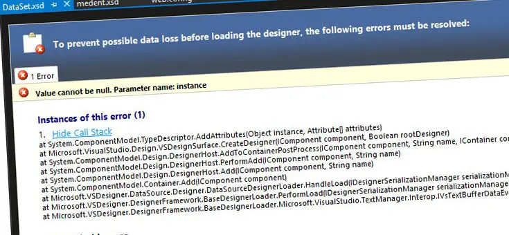 Visual Studio - parameter instance with value null (and other design errors) when opening XSD files