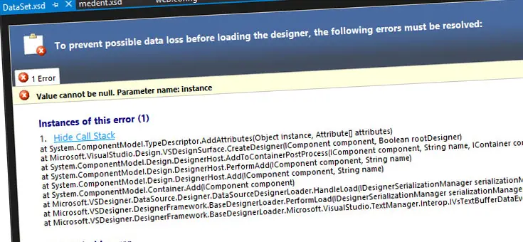 Visual Studio - parameter instance with value null (and other design errors) when opening XSD files