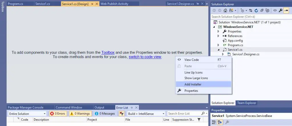 Create a Windows Service in C# using Visual Studio