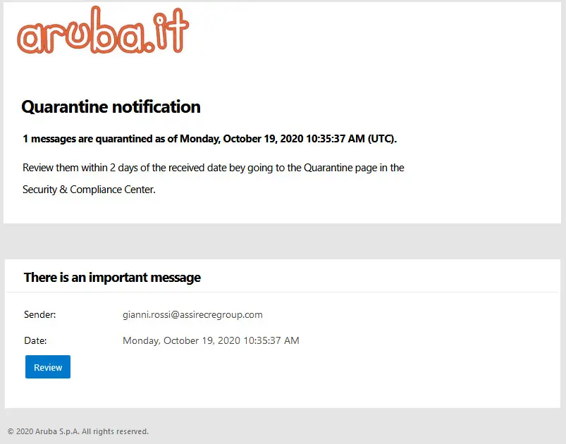 Aruba Quarantine Notification - Attenzione al Phishing!
