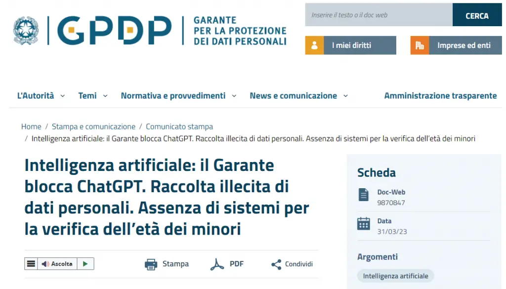 ChatGPT vs Garante della Privacy: cosa è successo?